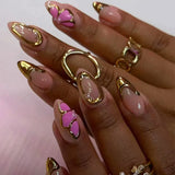 Qfdian 24Pcs Simple French Nails Art Tips Fake Nails 3D Design Wearable Full Cover False Nail Mid-length Almond Reusable Press on Nails