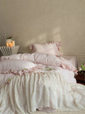 Qfdian French Lace Ruffles Princess Wedding Bedding Set Pure Cotton Double Layer Yarn Soft Duvet Cover Flat/Fitted Bed Sheet Pillowcase