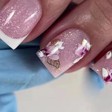 Qfdian  24pcs Glitter Short Square Fake Nails Sets Rhinestones French Design False Nail Tips Reusable Pink Press on Nails Tips Manicure