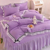 Qfdian Checkered Bedding Set Bed Skirt Ruffle Lace Princess Style Girls Duvet Cover Simple Solid Color Home Textiles Decor Bedroom