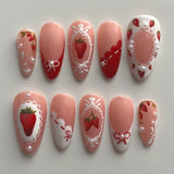 Qfdian 24pcs Wearable False Nail Strawberry Bow Design Nails Tips Red Short Almond Pearl Starlight Fake Nail Art Flower Press on Nails