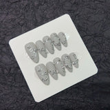 Qfdian 10 Pcs Handmade Press On Nails Long Almond Gray Matte Luxury Pearl Decor Wearable Artificial Full Cover Fake Nails y2k
