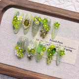 Qfdian  Eco-Friendly Resin Press-On Nails - Spring Floral Design with Pearls, Crystals & Metallic Accents, French Chic Style for Outings