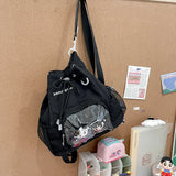 Women Grunge Drawstring Simple Backpacks Y2k Aesthetic Casual All Match Ita Bags Trendy Students Vintage Transparent Schoolbags