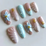 Qfdian  24Pcs Mid-length 3D Flowers Design Fingertips Sweet Butterfly Yellow Ripple Almond False Nails Detachable Full Cover Press Ons