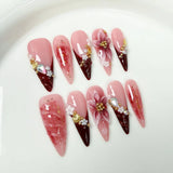 Qfdian  Blush Cherry Blossom 3D Press On Nails Soft Romantic  Gradient Pink Burgundy Gold Foil Multiple Sizes Rhinestone Pearl Design