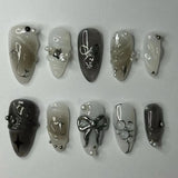 Qfdian  24pcs Press on Fake Nails Set Almond Wearable Simple French Flower False Nail Art Gold Beads Design Diamond Manicure Tips