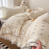 Qfdian  Korean Sweet Cherry Print Ruffles Bedding Sets oft Washed Cotton Duvet Cover Set Cute Princess Style Bedding for Girls Bedroom
