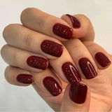 Qfdian 24Pcs Solid Color Wine Red Design False Nails Short Square Head Fake Nail Art Tips Simple Finished Manicure Tips Press on Nails