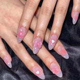 Qfdian  24pcs Press on Fake Nails Set Almond Wearable Simple French Flower False Nail Art Gold Beads Design Diamond Manicure Tips