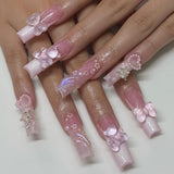 Qfdian 24Pcs Extra Long Square Fake Nail with Glue 3D Little Bear Bow Design False Nails White French Press on Nails Wearable Manicure