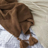 Qfdian  Nordic Blankets for Bed Sofa Couch Chunky Knit Bedspread Knitted Throw Blanket with Tassel Plain Color Waffle Embossed Blanket