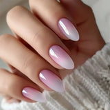 Qfdian 24pcs Simple Almond False Nails Sets Blush Design Press on Nails Art Datachable Short Oval Fake Nail with Jelly Glue Manicure