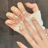 Qfdian  10pcs Handmade Starlight Fake Nails Press On Nails With Pearl Rhinestone Gold Star Decor Colorful Cat's Eye False Nails Wearable