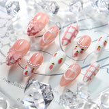 Qfdian Handmade Wearable Press On Nails French Medium Oval Artificial False Nails Love Gemstone Charms Manicure Ballerina Finger Art