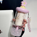 Qfdian  Cute Flower Tea Glasses With Straw Tumbler Glass Water Bottle For Girls Large Capacity Cold Coffee Juice Cups Drinking Utensils