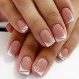 Qfdian  24Pcs Short Square Nude French Tip Press On Nails Set Reusable Acrylic Full Cover Fake Nail with Glue for Women&Girls Decoration