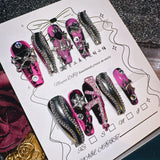 Qfdian  Gothic Punk - Style Handmade Press - On Nails, Pink Silver Design with Cross & Chain Decor, Various Sizes