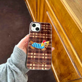 Qfdian Autume brown check stripes fundas for iphone 13pro 15promax 16pro 14pro 13 16 15 pro max 12 14 embroidery puppy ins phone case