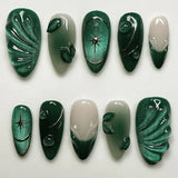 Qfdian 24Pcs 3D Green Ripple Design False Nails Cat's Eye French Almond Fake Nail Tips Leaves Pattern Removable Oval Press on Nails
