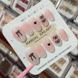 Qfdian 10Pcs Pink Handmade Press on Nails Short Blush Artificial False Nail Tips Black Bow Designed Sweet Girl Full Cover Fingernail