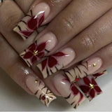 Qfdian  24Pcs Long Coffin False Nails Pink French Flowers Design Fake Nail with Butterfly Rhinestone Wearable Ballet Press on Nails