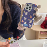 Qfdian Ins floral cat cute leather cover for iphone 15pro 16Pro 14promax 13promax 14 13 15 16 pro max colorful chain rope phone case