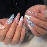 Qfdian  24pcs Press on Fake Nails Set Almond Wearable Simple French Flower False Nail Art Gold Beads Design Diamond Manicure Tips