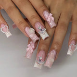 Qfdian 24Pcs French Fake Nails with Glue Long Square False Nails Flower Rhinestone Design Press on Nails Wearable Coffin Nail Tips