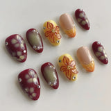 Qfdian 24pcs Wearable False Nail Strawberry Bow Design Nails Tips Red Short Almond Pearl Starlight Fake Nail Art Flower Press on Nails