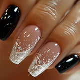 Qfdian  24Pcs Short Square Coffin False Nails Square Fake Nails with Glue French Glitter Wearable Acrylic Nails Set Press on Nail Tips