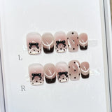 Qfdian  10PCS Handmade Press on Nails Sweet Cute Bow Decor Short Cat Eyes False Nails for Girl Women Wearable Reusable Ins Fake Nails