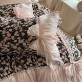 Qfdian  Vintage Floral Print Ruffles Bow Princess Bedding Set Egyptian Cotton Duvet Cover Bed Sheet Pillowcases