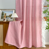 Qfdian  2 Pieces ,Pink Lattice Opaque Curtain with Ruffled Lace Drapes For Living Room,Princess Window Treatment for Daughters Bedroom
