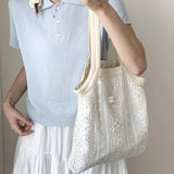 Qfdian  Women Summer Fashion Travel Shoulder Handbags Hollow Out All Match Tender Sweet Underarm Bag Casual Canvas Bags Y2k Aesthetic
