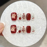 Qfdian  10pcs 3D Red Cherry Christmas Handmade Press on Nails Christmas Tree Full Cover Nail for Women&Girls Removable Wearable Nail Art