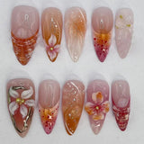 Qfdian  24pcs Press on Fake Nails Set Almond Wearable Simple French Flower False Nail Art Gold Beads Design Diamond Manicure Tips