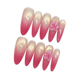 Qfdian  10pcs Handmade Long Almond Press on Nails Gradient French Cat Eye False Nails Pink Flower Design Fake Nails for Women Wearable