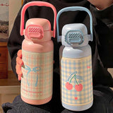 Qfdian  700ML Cute Bow Thermo Water Bottle For Girls Portable Handle 316 Double Drinking Outdoor Sports Straw Vacuum Thermal Bottle Gift