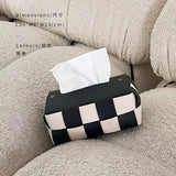 Qfdian Checkerboard Woven Tissue Box PU Leather Napkin Case Living Room Office Desktop Home Decoration Creative Paper Towel Cover