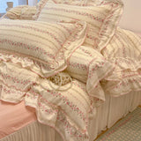 Qfdian 2/3Pc Korean Princess Style Floral Ruffles Bedding Set Single Queen Size Soft Skin-friendly Washed Cotton Duvet Cover Pillowcase