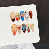 Qfdian  10pcs Handmade French Almond Press on Nails 3D Cherry Flowers Design False Nails Wearable Sweet Cool Fashion Fake Nail Tips