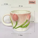 Qfdian Creative Pink Cub Relief Tulip Flower Ceramic Coffee Cup Girl Gift Flower Mug Office Teacup Breakfast Milk Mug Home Decoration