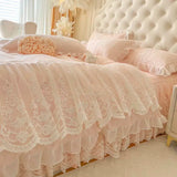 Qfdian 4/6Pcs Pink Princess Wedding Lace Embroidery Korean Style Bedding Set King Queen Size Duvet Cover Bed Skirt Bedspread Pillowcase