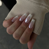 Qfdian 24Pcs Nude White French Fake Nail Short Square Nail Tips Fashion Wearable False Nails with Glue Simple Full Cover Press on Nails
