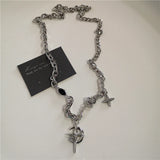 Qfdian  Punk Rock Black Heart Cross Pendant Chain Necklace For Men Women Cool Hip Hop Street Vintage 90s Y2K Grunge Goth Accessories