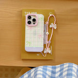 Qfdian Summer pink green check colorful fundas for iphone 15pro 14pro 13 14 15 pro max 13pro 15promax bowknot chain ins phone case