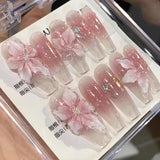 Qfdian 10Pcs Handmade Gradient Pink Fake Nails Long Press On Nails French False Nails 3D Pink Flowers Decor Wearable Press on Nails