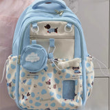 Qfdian  High-capacity Kawaii Girls Travel Backpacks Y2k Women Students Cellphone Bags Patchwork Contrast Color Cartoon Print Schoolbags