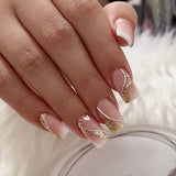 Qfdian  24Pcs Short Square Coffin False Nails Square Fake Nails with Glue French Glitter Wearable Acrylic Nails Set Press on Nail Tips